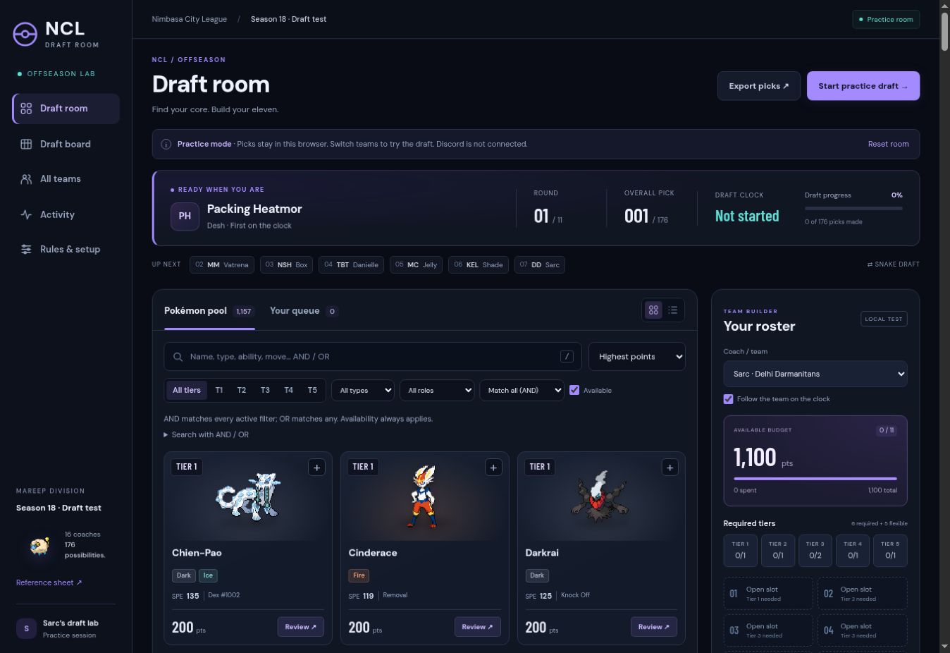 NCL practice draft room with Pokémon pool, draft status and roster budget.
